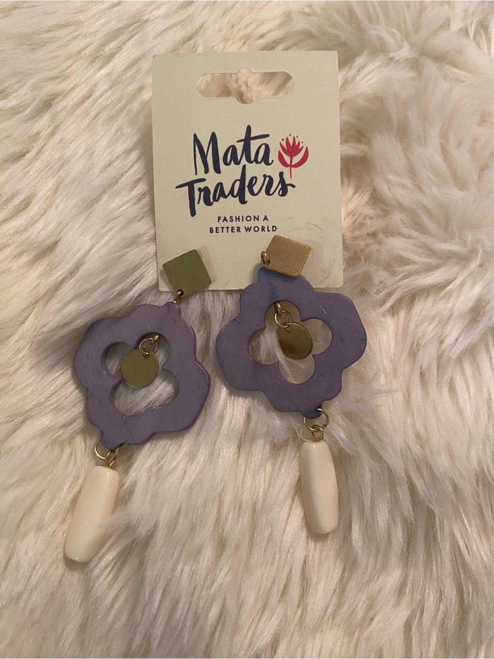 Mata Traders Lavender Flower Earrings with Cream Drops